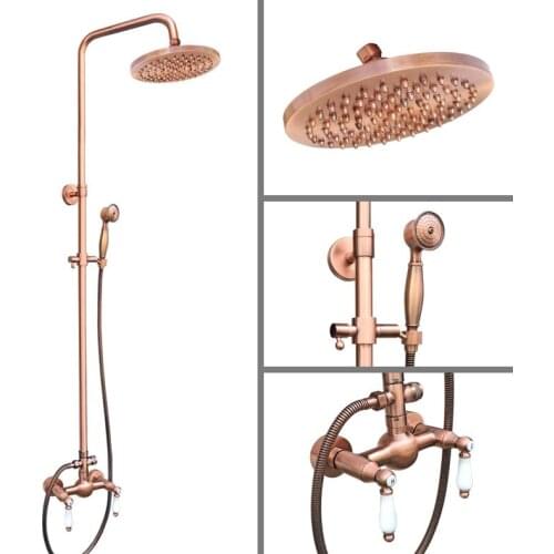 Wall Mounted 8" Shower Head Shower Rainfall Faucet Set with Handheld Antique Red Copper In-wall Shower Mixer Taps zrg583