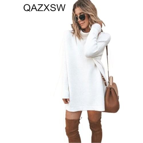 2019 New Spring Autumn Europe Street Fashion Simple Solid Slim Large Size Round Neck Long-sleeved Women Dress Knit Dresses ZW002