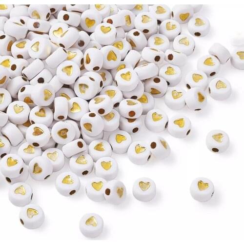 About 360pcs/50g Golden Metal Enlaced Plating Acrylic Beads Alphabet Letter A~Z Flat Round Beads White 7x3.5mm, Hole: 1.2mm