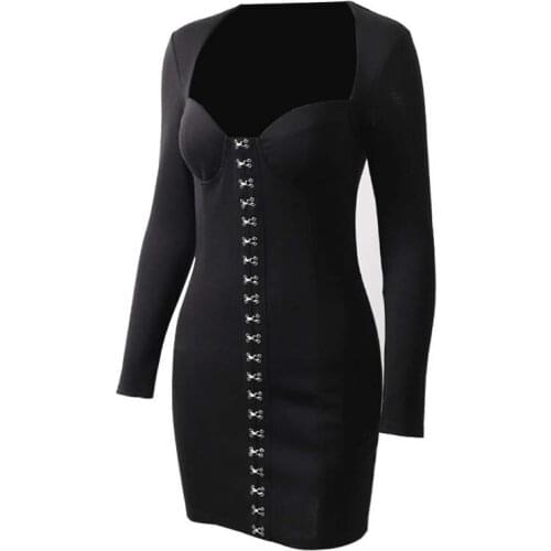 Autumn Women Short Dress Retro Shoulders Wrapped V Neck Bodycon Pencil Dress Ladies Sexy Eye-hook Rivet Long Sleeve Party Dress