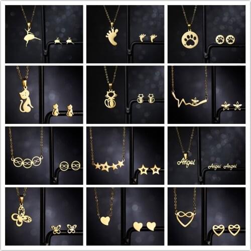 Rinhoo Stainless Steel Sets For Women Animal Paw Angel Footprints Dancing Girl Earrings Necklace Set Girl Wedding Party Jewelry