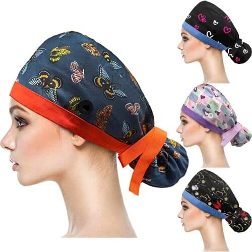 Scrub Cap With Buttons Hat With Sweatband for Womens and Mens Adjustable Tie Back Elastic Bouffant Hat Head Scarf
