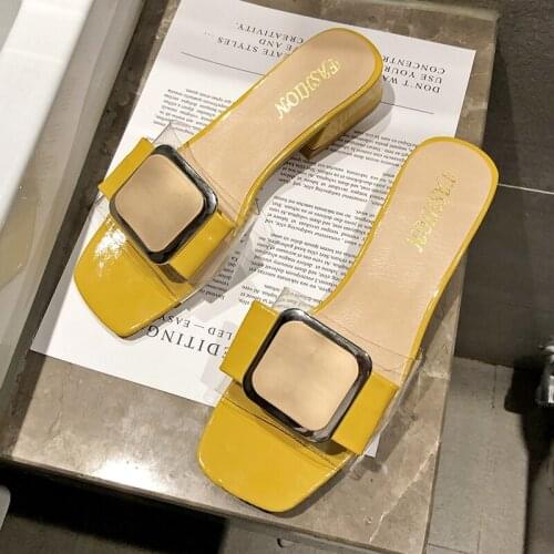 New Summer Women Slippers Square Heels Metal Buckle PVC Transparent Slippers Female Party Shoes Open Toe Ladies Shoes For Women