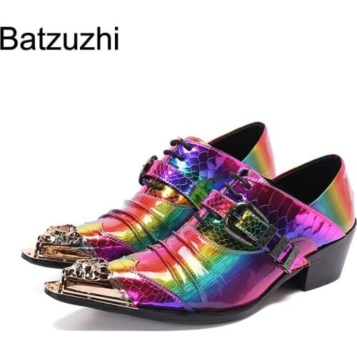 Batzuzhi Mens ShoesRock Handmade Pointed Golden Metal Toe Leather Dress Shoes Men Lace-up Multi Fashion Party and Wedding Shoes