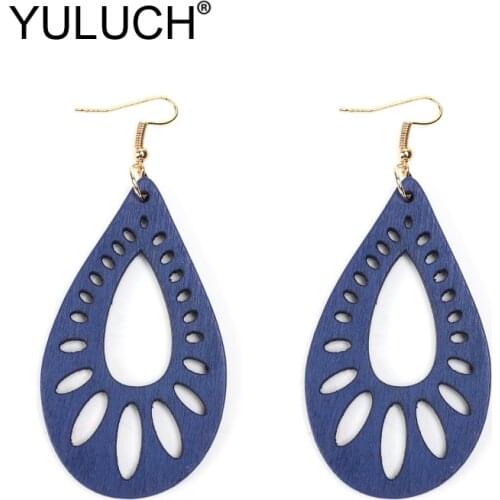 YULUCH Vintage Water Drop Big Earrings For Women Fashion Jewelry Blue Red Brown Natural Wood Ethnic African Long Dangle Earrings