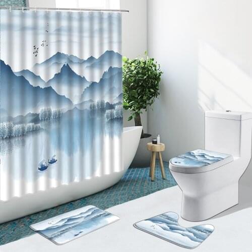 Chinese Style Scenery Shower Curtains Ink Painting Mountain Water Boat Bathroom Set Non-Slip Rugs Bath Mat Toilet Cover Carpet