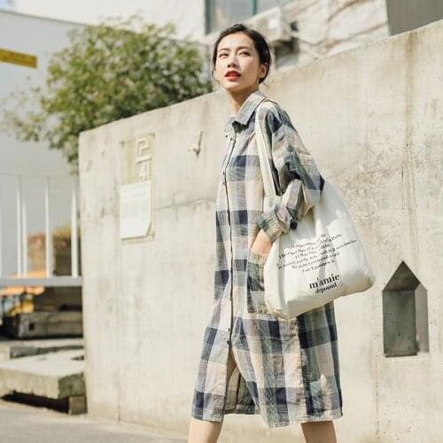 Women Spring Summer Long Plaid Cotton Linen Shirt Ladies Casual Long Tops Female Turn Down Color Plaid Blouse 2020