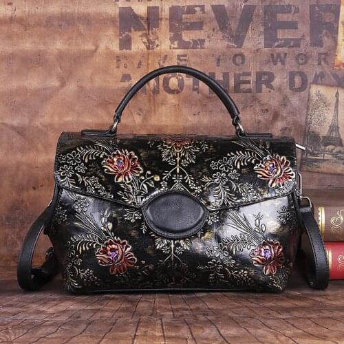 Vintage Genuine Leather Women Tote Bag 2021 New Handmade Embossed Floral Cowhide Handbag Versatile Lady Shoulder Bags Sac A Main