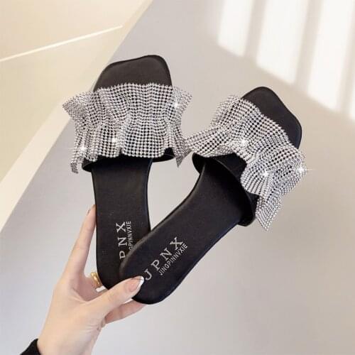 Womens sandals 2021 summer Casual Crystal Rhinestone Glitter Ruffles Flat Slide Slippers in Green Color