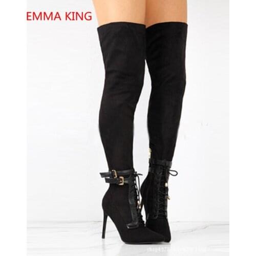 Flock Belt Buckle Women Thigh High Boots Pointed Toe Party Cross-Tied High Heels Stiletto Over The Knee Boots Ladies Winter Shoe