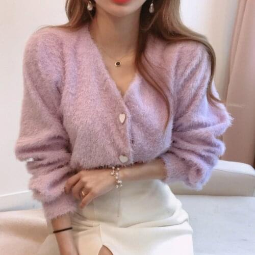 Chic Fashion V-Neck Single Breasted Mink Short Knitted Sweaters Outerwear 2021 Women Autumn Long Sleeve Sweater Coat Knitted