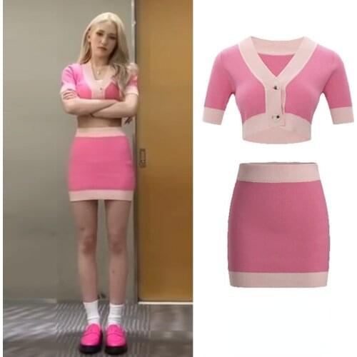 Kpop Korean Sexy Pink V-Neck Knitted Cardigans Short Sleeve Button Sweaters+Slim High Waist Elastic A-Line Mini Skirt Women Sets