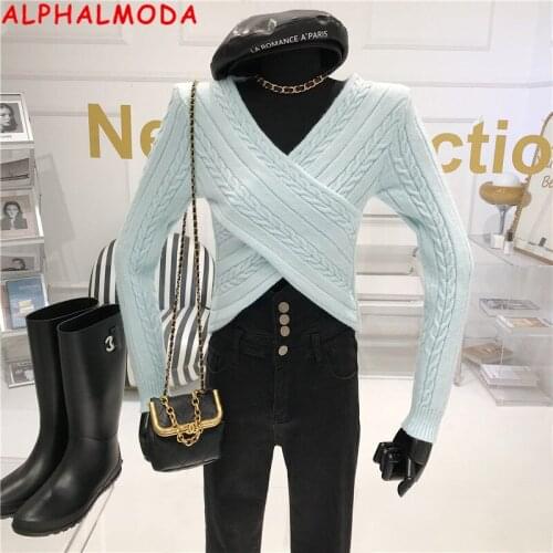 ALPHALMODA 2021 Spring Winter New Criss-Cross Design Sweater V-neck Twisted Sweet Solid Slim Jumper Women Trendy Knit Outfit