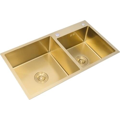 Gold Kitchen Sinks 2 bowelStainless Steel Large Bowls Manual 304 Kitchen Sink 1.0mm Thickness Kitchen Sink Gold Drain