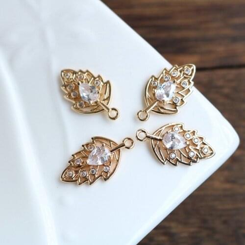 2021 New True Gold Plated Zircon Crystal Flower Leaf Pendant Necklace Charms DIY Earrings Findings Jewelry Making Accessory