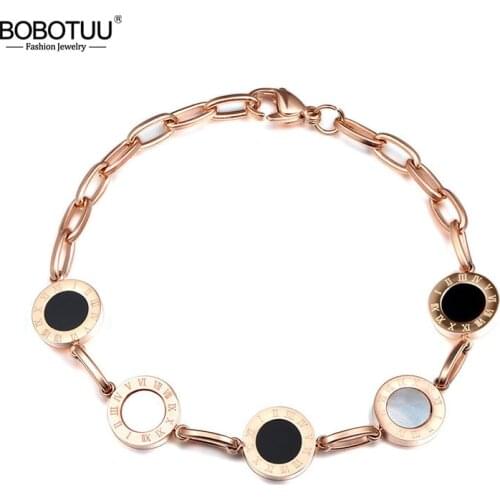 BOBOTUU Classic 5 Pcs Circle Roman Number Bracelets Stainless Steel Black Shell Lover Charm Wedding Bracelets & Bangles BB17029