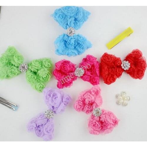Free Shipping Kids Cute Lace Rose Knot Bow With Rhinestone Button Hair Accessories No Clips