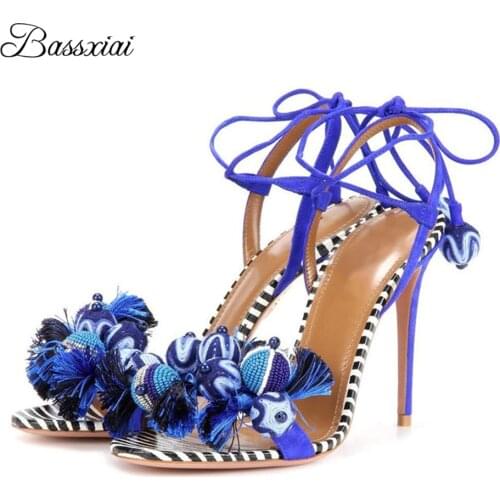 Beading Pompoms Ankle Wrap Sandals Women Summer 10cm Thin High Heels Fringed Tassels Suede Striped Party Shoes Woman