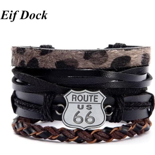 Eif Dock Trendy American Route 66 Printed Pattern Bracelet Mens Bracelet Metal Multilayer Leather Bracelet Accessories Party Je