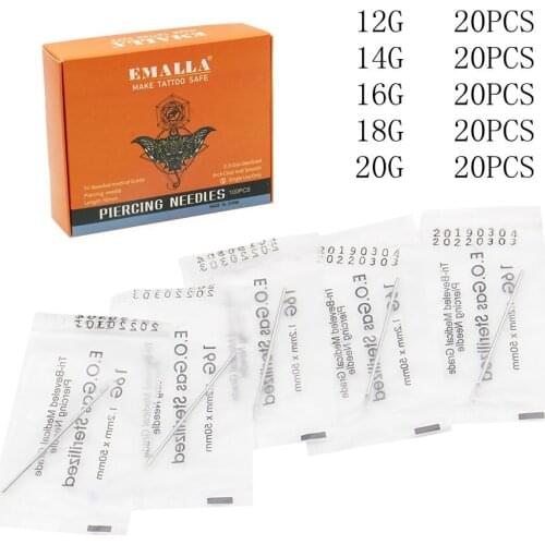 EMALLA 12G 14G 16G 18G 20G 100PC Piercing Needle Sterile Disposable Body MIXED Piercing Needles For Ear Nose Navel Nipple