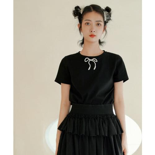 Imakokoni black pure cotton bowknot short-sleeved wild slim slimming round neck top T-shirt female summer