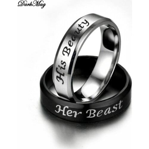 DarkMag 6mm Her Beast His Beauty Ring 316L Stainless Steel Letter Couple Rings Engagmen Wedding Gift Promise Jewelry