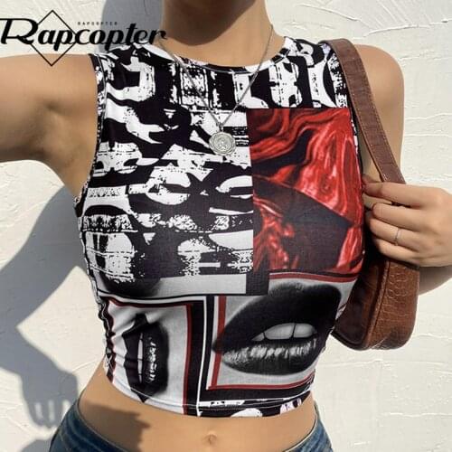 Rapcopter Vintage Print Corset Tops y2k Sleeveless Tank Tops Women Goth Black Camis 2021 Summer New Trendy Sweats Skinny Vests