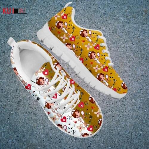 KUILIU Fashion Nurse Shoes Women Breathable Sneakers Casual Comforable Mesh Breath Famale Flat Shoe White-Yellow Dropshipping