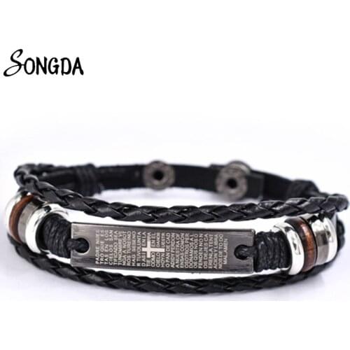 Fashion Cross Bible Leather Bracelet Christianity Gothic Punk Black Bracelets Bangles for Men and Women Religious Amulet Jewelry