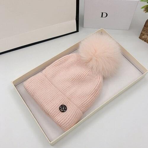 2021 New Winter Russian Hat Womens Wool Knitted Beanie Hats Thick Oversized Knit Beanie Hat With Real Fox Fur Pompom