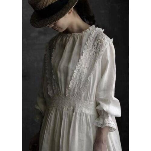 Early autumn new lace stand collar linen long sleeve sweet lace stitched back open button long dress