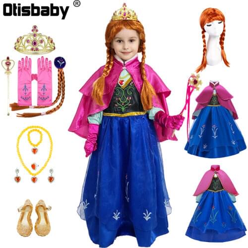 Girls Anna Elsa Dress Fancy Princess Anna Costume Summer Turtleneck Dresses for Girls Fairy Frock Anna Dress Up with Rose Cape
