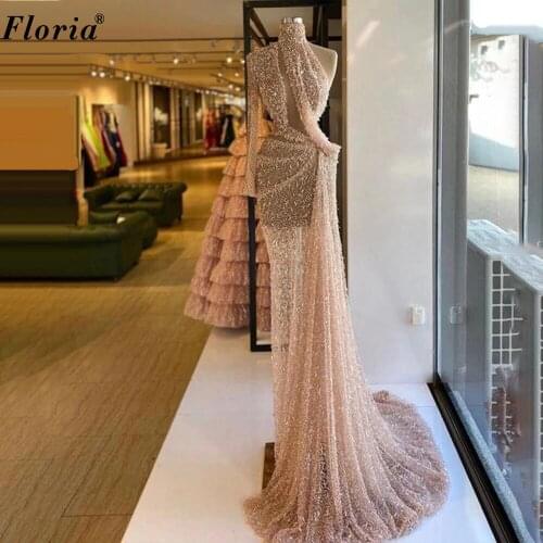 Mermaid Pink Evening Dresses Long One Shoulder Evening Gowns Sequins Prom Dresses For Women 2020 Robes De Bal Celebrity Gowns