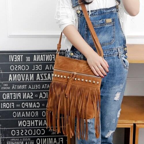 Faux Suede Punk Rivet Messenger Bag For Women European Vintage Tassel Fringe Crossbody Bag Female Wallet Pouch Book Travel Bag