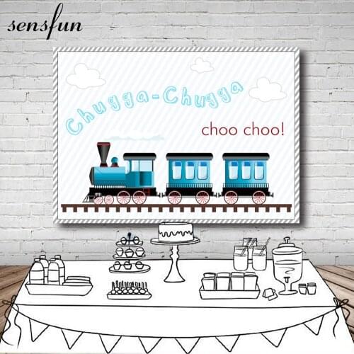 Sensfun Cartoon Train Photography Backdrop For Kids Clouds Striped Children 1st Birthday Party Backgrounds For Photo Studio