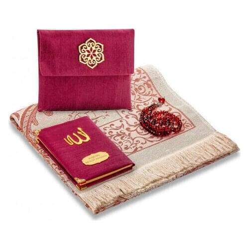 Slub Fabric Coated Yasin Book-Bag Size-İsme Special Plate Seccadeli-Tesbihli-Pouched-Mawlid gift Of Prayer carpet
