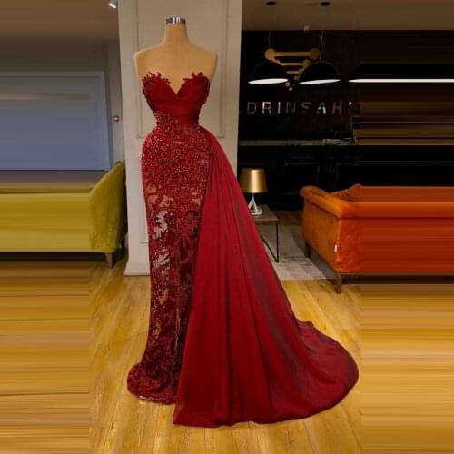 Party Dresses Women Red Beaded Appliques Sweetheart Sexy Illusion Sheath Formal Evening Prom Girls Long Gowns vestidos de festa