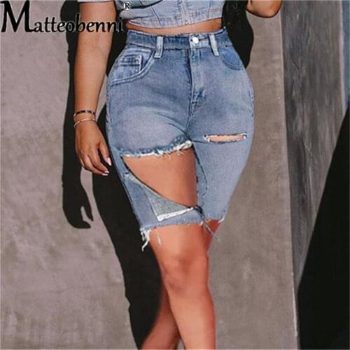 2021 Sexy Women Ripped Denim Shorts High Waist Stretch Bodycon Jeans Slim Shorts Knee Length Stretch Fashion Ladies Short Jeans