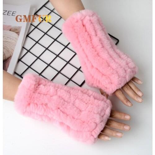 Women 100% Real Genuine Knitted Rex Rabbit Fur Gloves Winter Warm Fingerless Gloves Wrist Warmer Elastic Fluffy Knit Fur Mitten