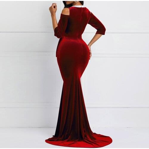 Retro Red Velvet Mermaid Long Dress Women Plus Size Dinner Evening Elegant Ladies Bodycon Peplum Ruffle Vintage Maxi Party Dress