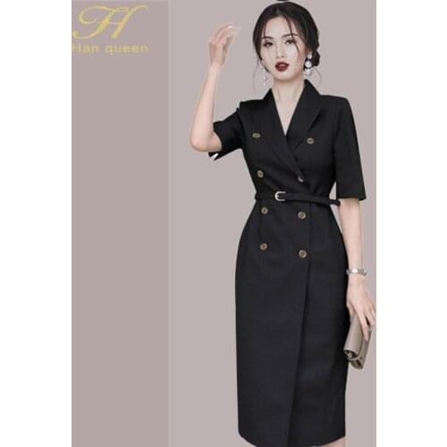 H Han Queen New Korean Elegant Office Pencil Dress Women Korean Double Breasted Sheath Dresses Business Work Bodycon Vestidos