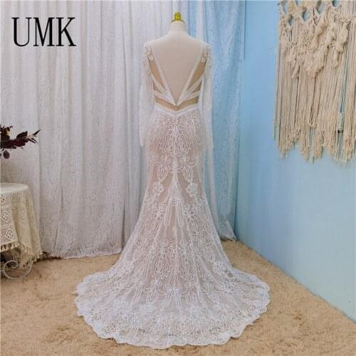 UMK Vintage Lace Long Sleeve Wedding Dress Boho Mermaid Vestido De Noiva Sexy Open Back Chic Bohemia Bridal Gowns