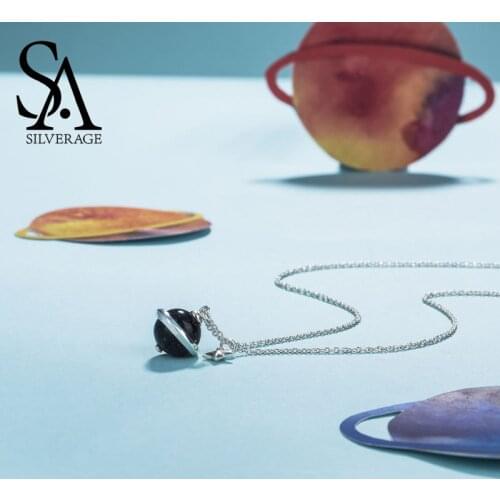 SA SILVERAGE 2018 Women Black Gemstone Necklaces Real 925 Sterling Silver Necklaces Maxi Vintage Diamond Pendants For Women