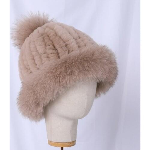 2020 Womens Winter Kniited Rex Rabbit Fur Fox Fur Trimming Hat Cap Natural Fox Fur Pom Poms Hats Beanie Lady Fashion