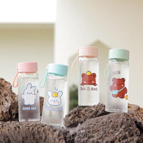 260ml Rabbit Loves Glass Cartoon Cute Student Water Bottle with Cap and Lifting Rope Small and Lovely, Easy To Carry