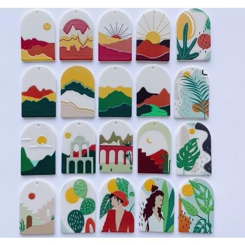 New arrived 30pcs/lot color Flowers and figures Relief effect print geoemtry Arched shape acrylic beads diy jewelry accessory