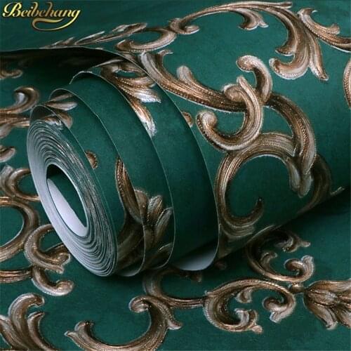 Beibehang Vintage green damascus sculpture wallpaper retro European bedroom wallpaper for living room TV background long fiber