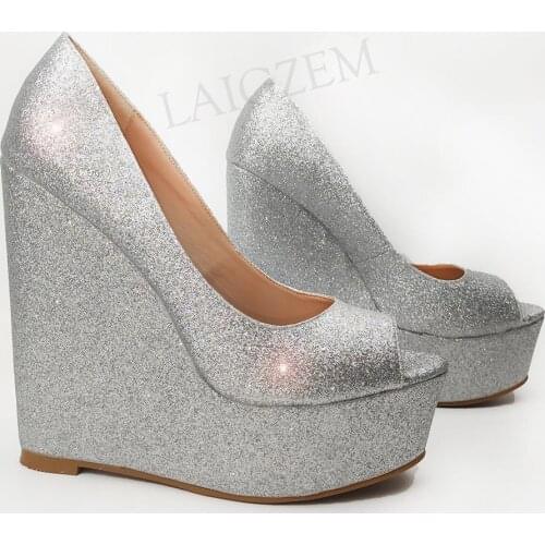 BERZIMER Bling Women Heels Peep Toe Platform Wedges Pumps Ladies Summer Sandals Talon Femme Party Shoes Woman Size 44 46 47 52