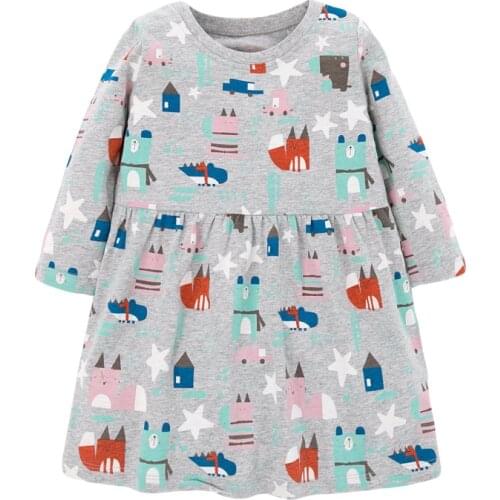 Little Maven New Spring Autumn Kids Gray Animals Printed O-neck Girls 2-7yrs Full-sleeved Cotton Knitted Dresses