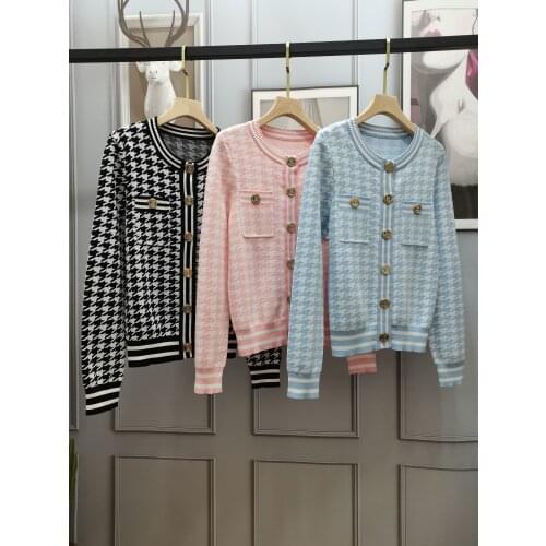 Spring New 2021SS Women High Quality Plaid Knitted Cardigans Coat Female Casual Sweater 3 Color Gndz 1.25